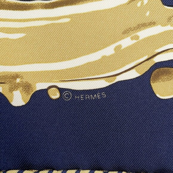 HERMES Gavroche Scarf Freshly Painted Size 45 Silk100% Blue Noir/Bronze H892685S - Picture 2 of 4